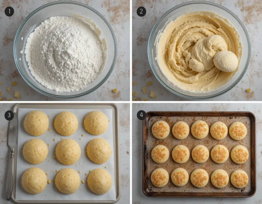 Collage con el proceso de preparación de mantecados hojaldrados: tostado de harina, mezcla de manteca y azúcar, corte de masa y horneado de los dulces


