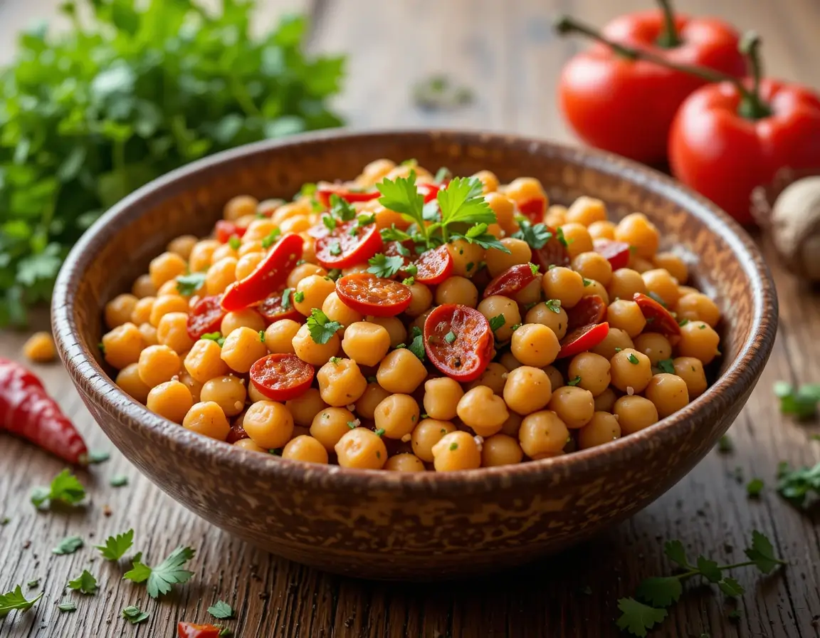 Ensalada mediterránea de garbanzos con pimientos del piquillo, chorizo y perejil servida en un bol de cerámica sobre una mesa rústica
