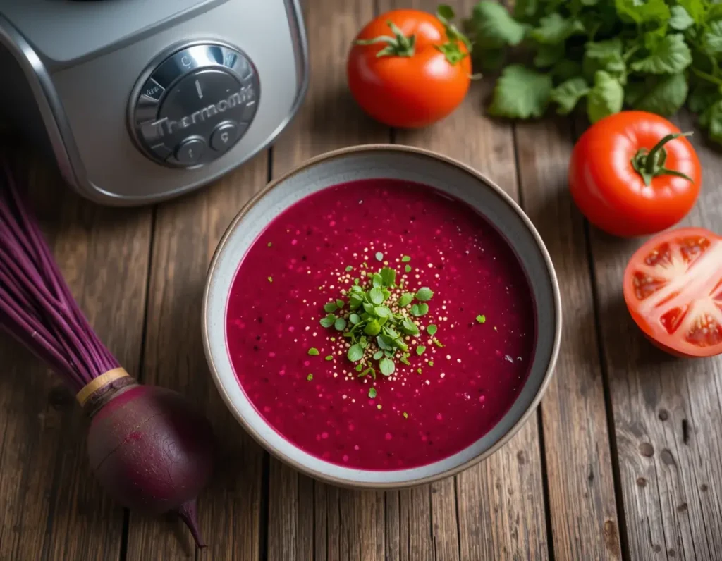 Gazpacho de remolacha servido en un cuenco de cerámica, acompañado de tomates frescos y Thermomix al fondo
