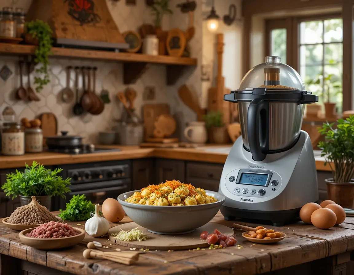 Cocina tradicional española con ingredientes clásicos y una Thermomix preparando albóndigas caseras