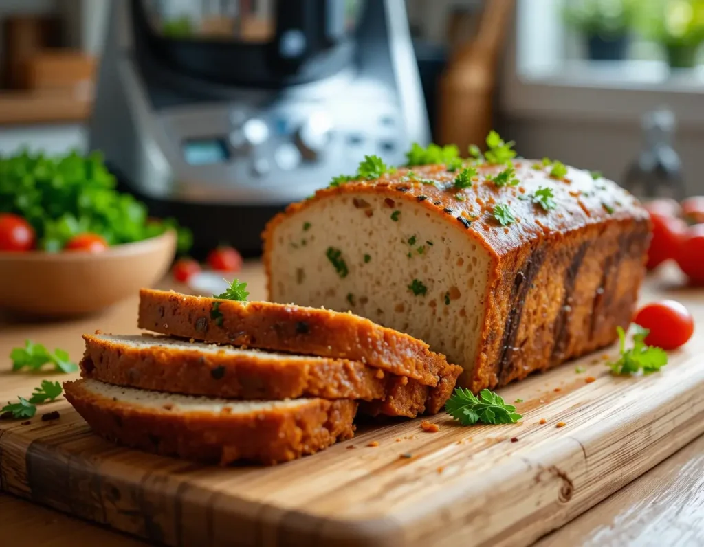 Rodajas de fiambre de pollo casero Thermomix servidas en una tabla de cortar de madera, decoradas con perejil y tomates cherry