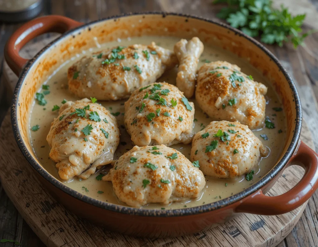 Plato tradicional de pollo en salsa de almendras, servido caliente con perejil y almendras tostadas sobre plato de barro