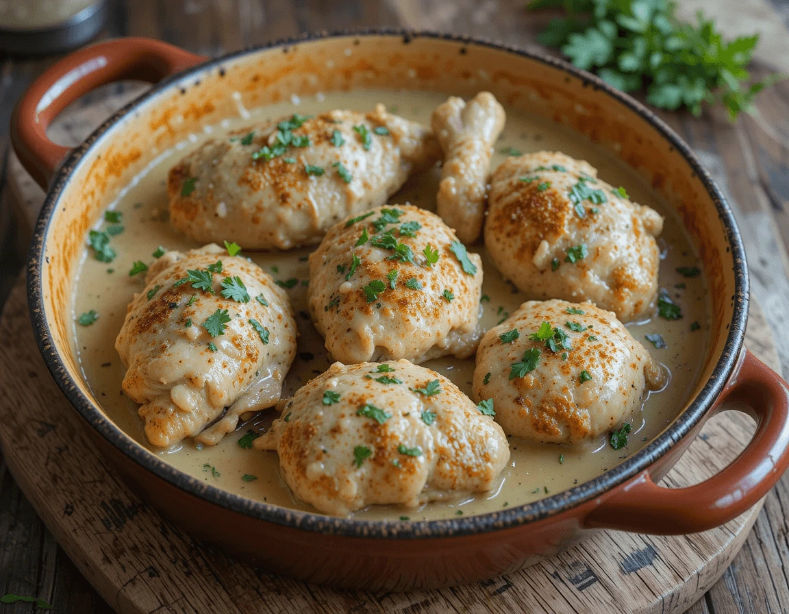 Plato tradicional de pollo en salsa de almendras, servido caliente con perejil y almendras tostadas sobre plato de barro