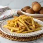 Patatas doradas y crujientes servidas en bol blanco, cocinadas en freidora de aire