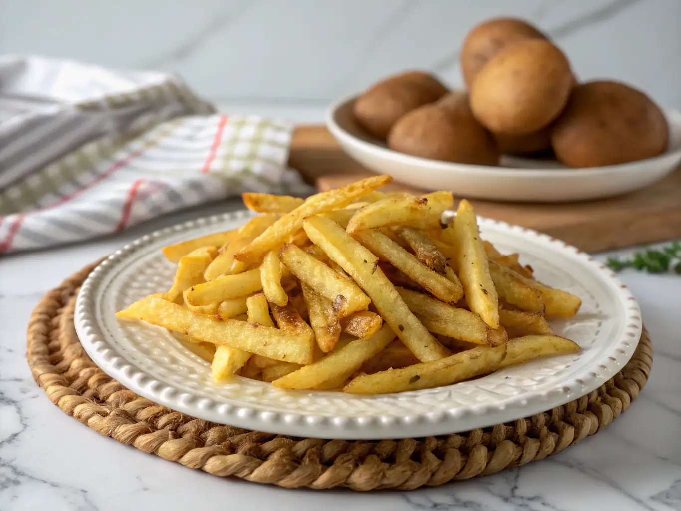 Patatas doradas y crujientes servidas en bol blanco, cocinadas en freidora de aire