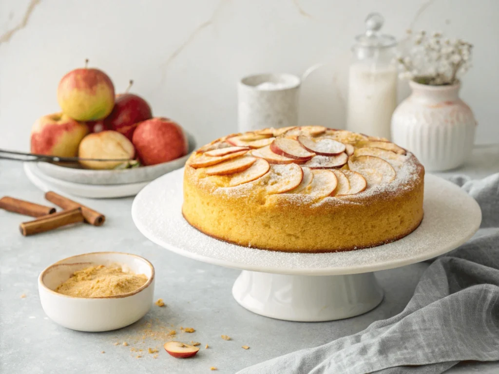 Bizcocho de manzana fácil y rápido sobre una encimera moderna, con textura dorada y láminas de manzana encima
