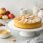 Bizcocho de manzana fácil y rápido sobre una encimera moderna, con textura dorada y láminas de manzana encima