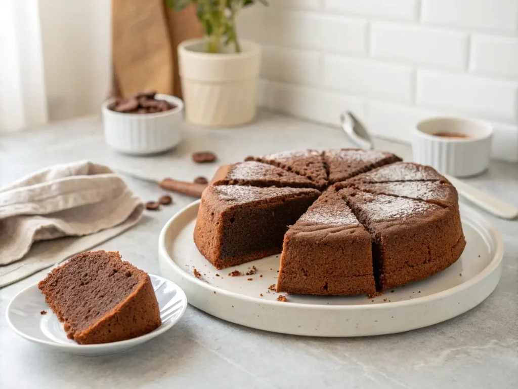 Bizcocho de chocolate casero, cortado para mostrar su interior esponjoso, sobre un plato blanco en una cocina moderna