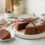 Bizcocho de chocolate casero, cortado para mostrar su interior esponjoso, sobre un plato blanco en una cocina moderna