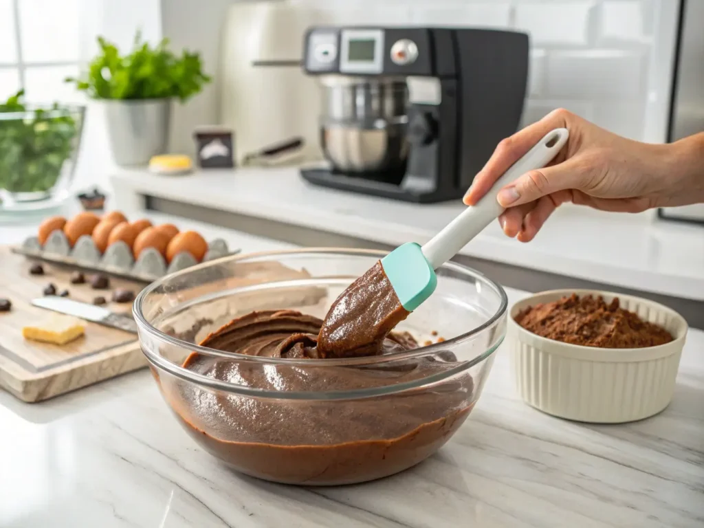 Mano mezclando masa de bizcocho de chocolate en un bol de vidrio con espátula de silicona, en cocina casera iluminada