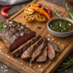 Grilled entraña de ternera cut into slices on a wooden board with rosemary and chimichurri sauce