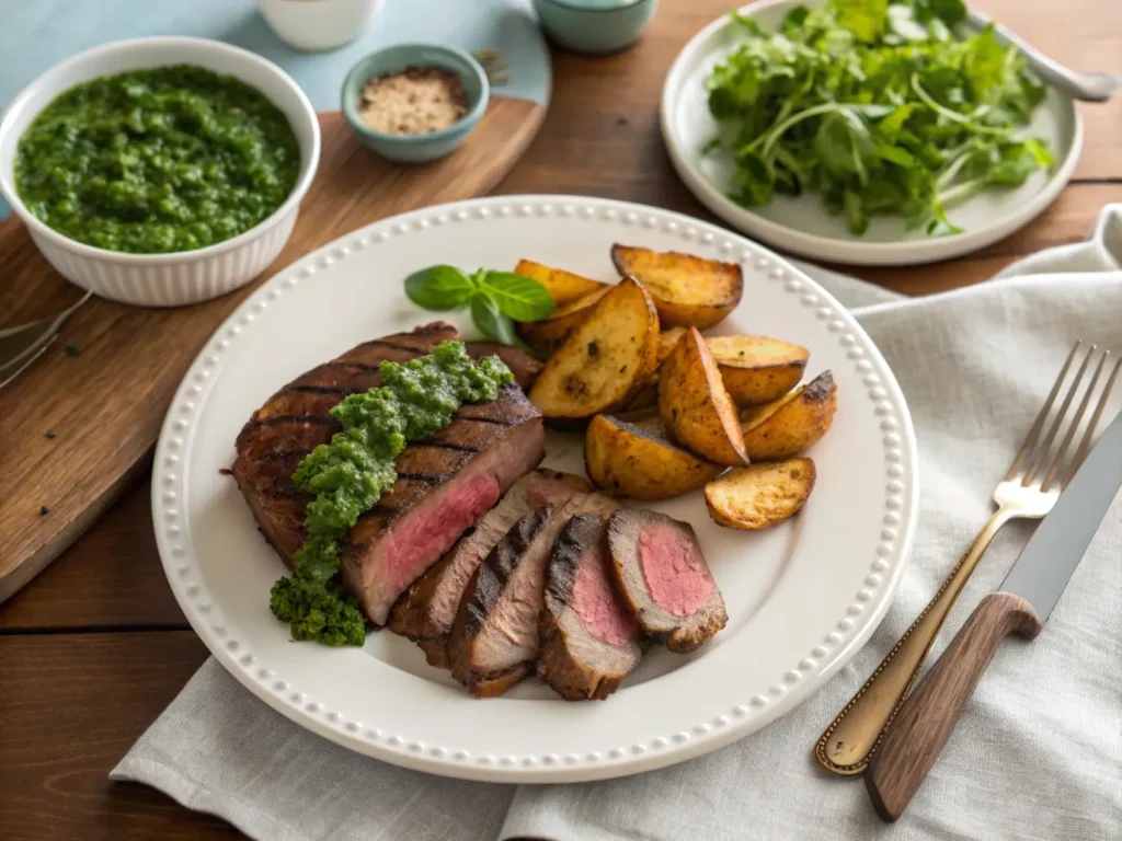 Churrasco de ternera al horno cortado en tiras y servido con papas, chimichurri y ensalada verde