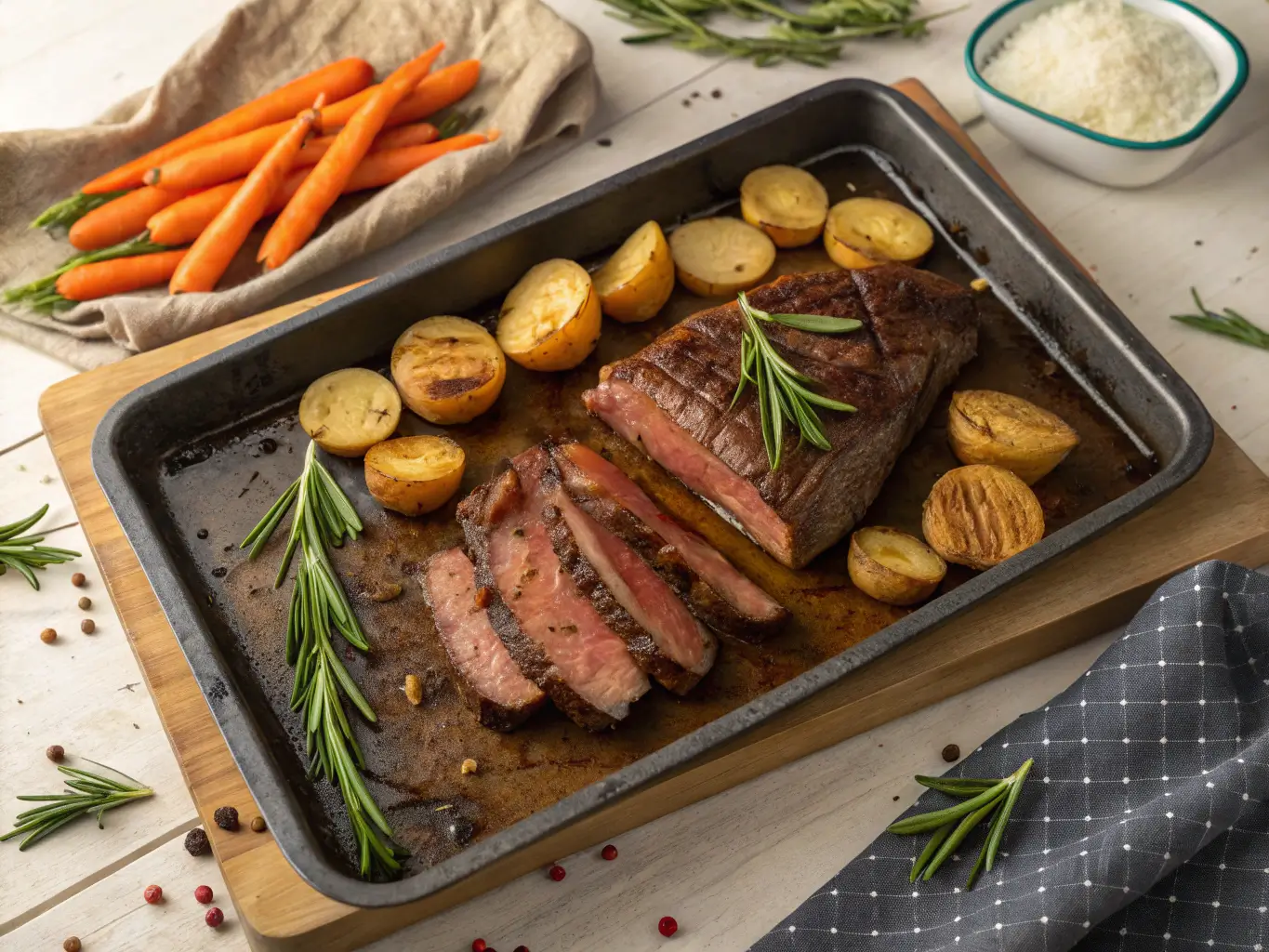Vista superior de un churrasco de ternera al horno recién salido, acompañado de papas y zanahorias asadas en bandeja