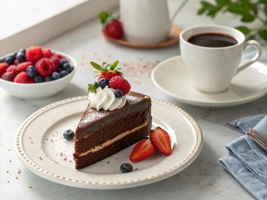 Porción individual de bizcocho de chocolate esponjoso acompañado de nata y frutas rojas en un plato blanco, con café al fondo