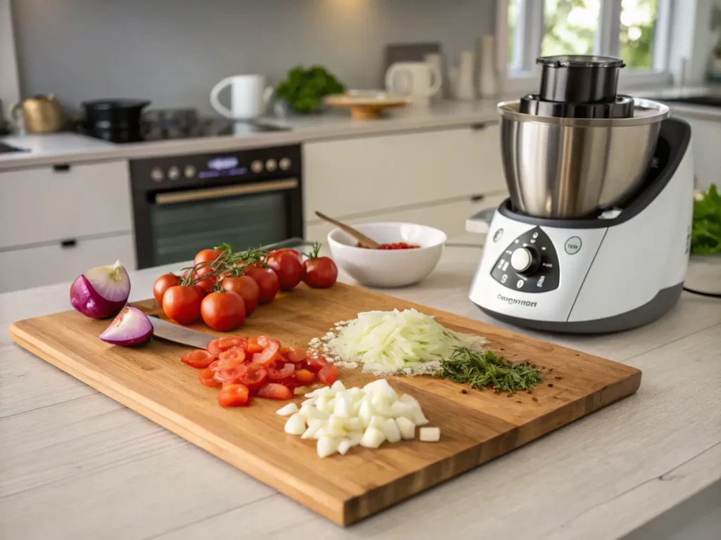 Cebolla, tomate y ajo troceados listos para cocinar junto a una Thermomix abierta