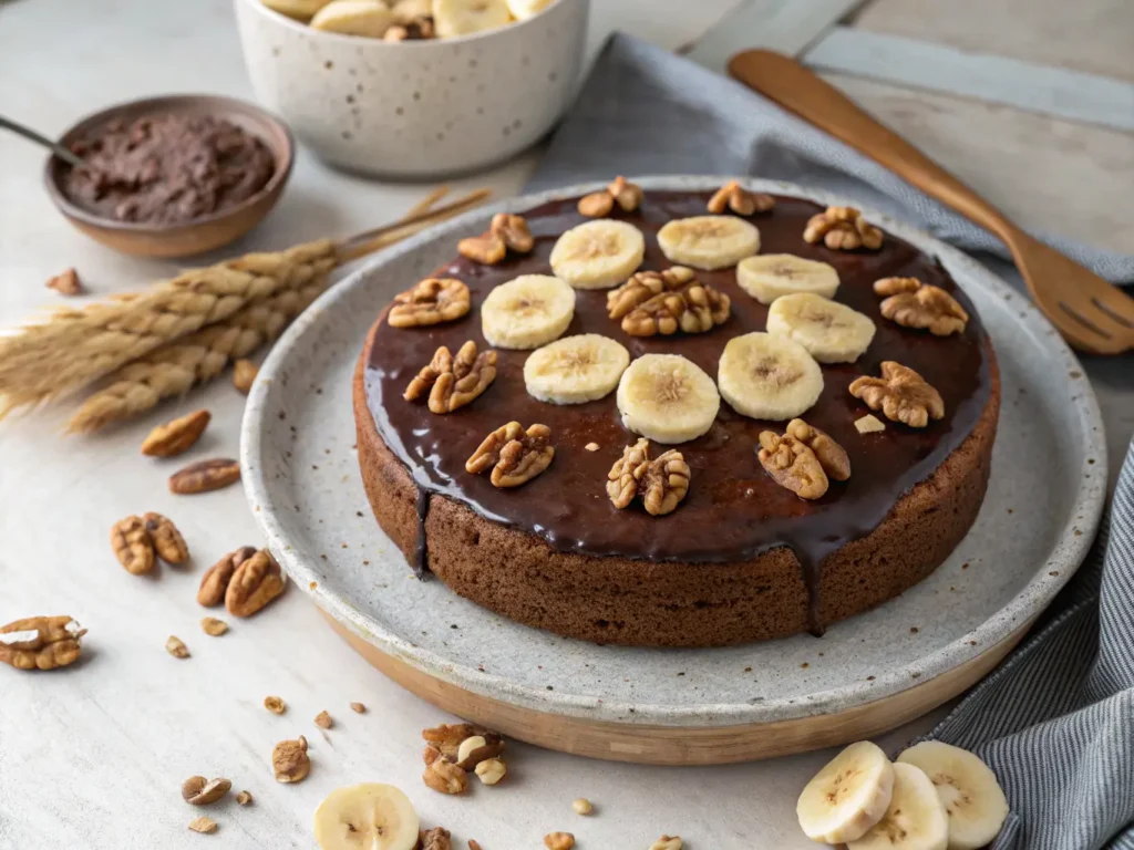 Bizcocho de chocolate con nueces y plátano servido en plato rústico