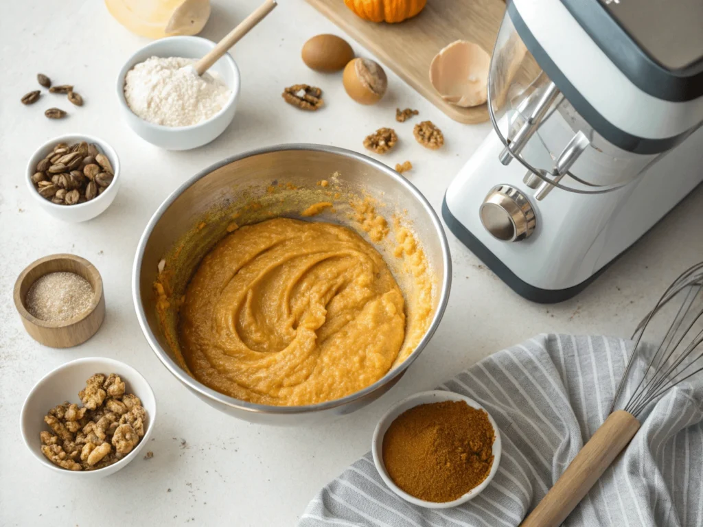 Vaso de Thermomix mezclando masa con calabaza triturada, azúcar, huevos y especias