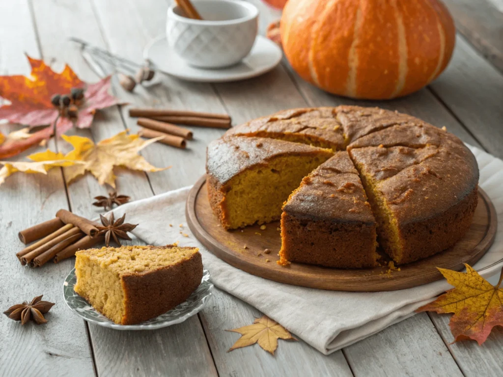 Bizcocho de calabaza esponjoso, cortado en porciones sobre una mesa de madera con decoración otoñal