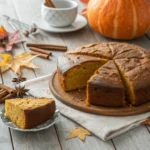 Bizcocho de calabaza esponjoso, cortado en porciones sobre una mesa de madera con decoración otoñal