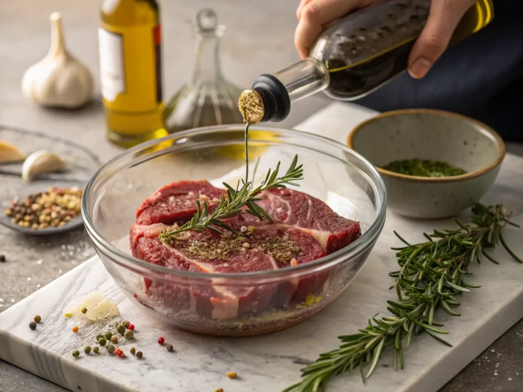 Proceso de marinado del churrasco con aceite de oliva, ajo, romero y vino tinto en un bol de vidrio