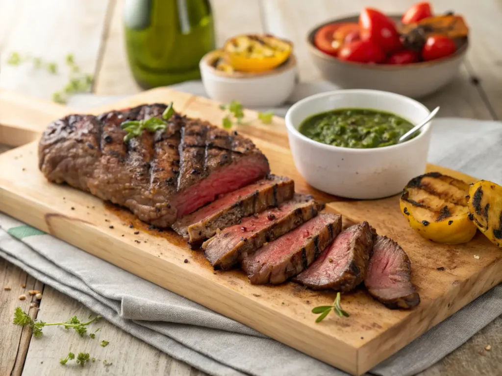 Grilled entraña de ternera cut into slices on a wooden board with rosemary and chimichurri sauce