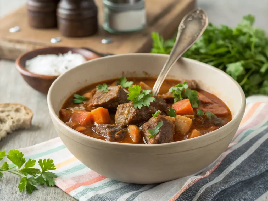 Un plato hondo con estofado de ternera recién hecho, humeante, acompañado de pan artesanal