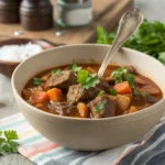 Un plato hondo con estofado de ternera recién hecho, humeante, acompañado de pan artesanal