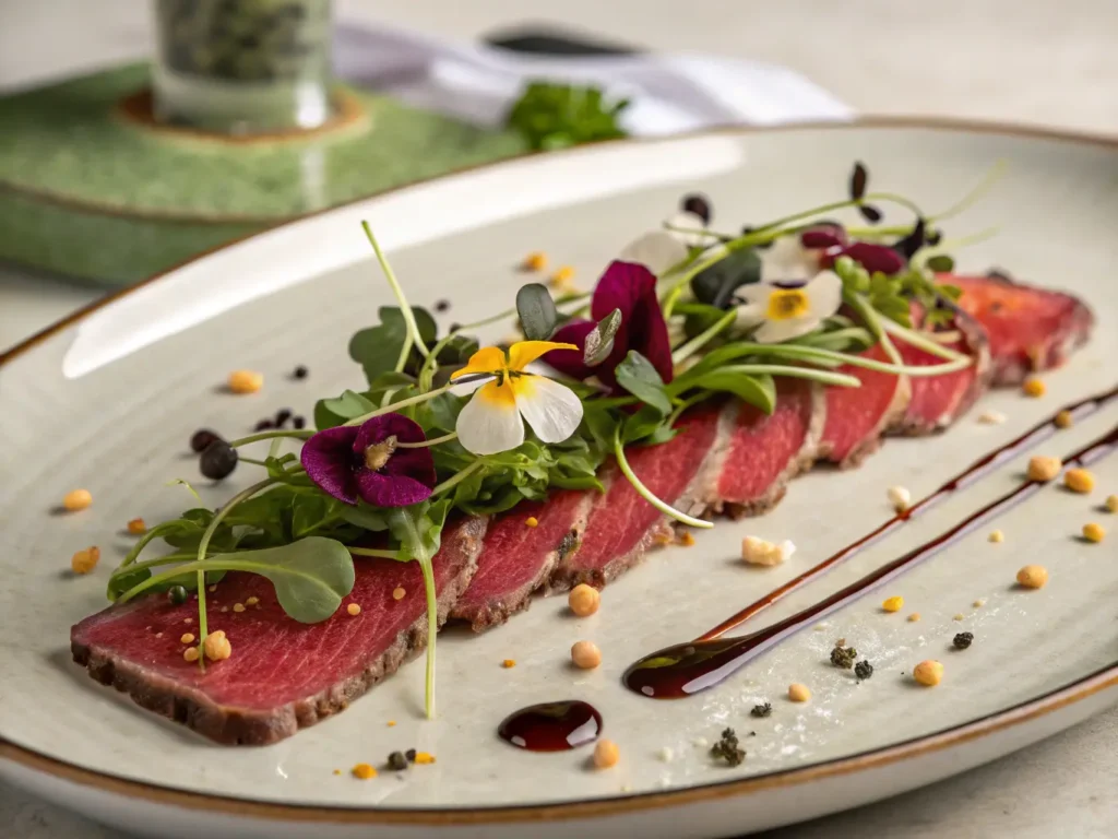 Carpaccio emplatado con microbrotes, flores comestibles y reducción de balsámico sobre plato