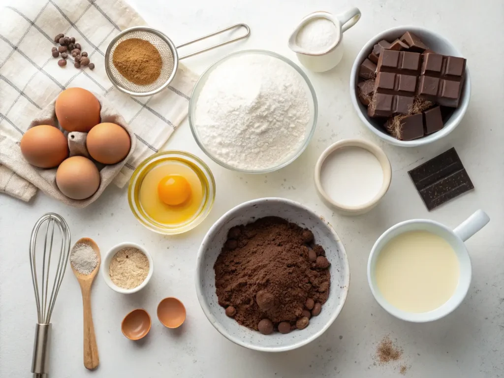 Vista superior de ingredientes medidos para hacer un bizcocho de chocolate: cacao, huevos, leche, harina y azúcar sobre una encimera blanca