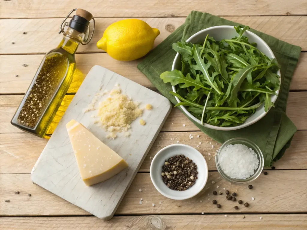 Ingredientes clásicos para preparar aliño de carpaccio: aceite de oliva, limón, parmesano, rúcula y especias.