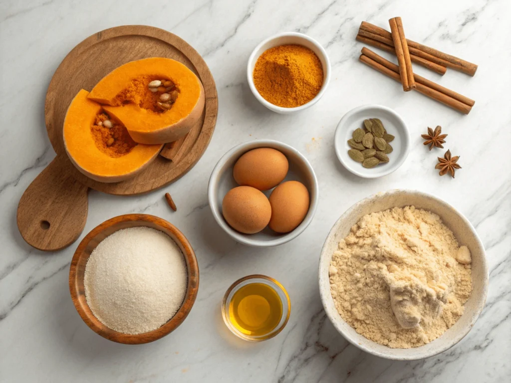 Calabaza troceada, huevos, harina, azúcar moreno, canela y aceite dispuestos en recipientes pequeños sobre una encimera