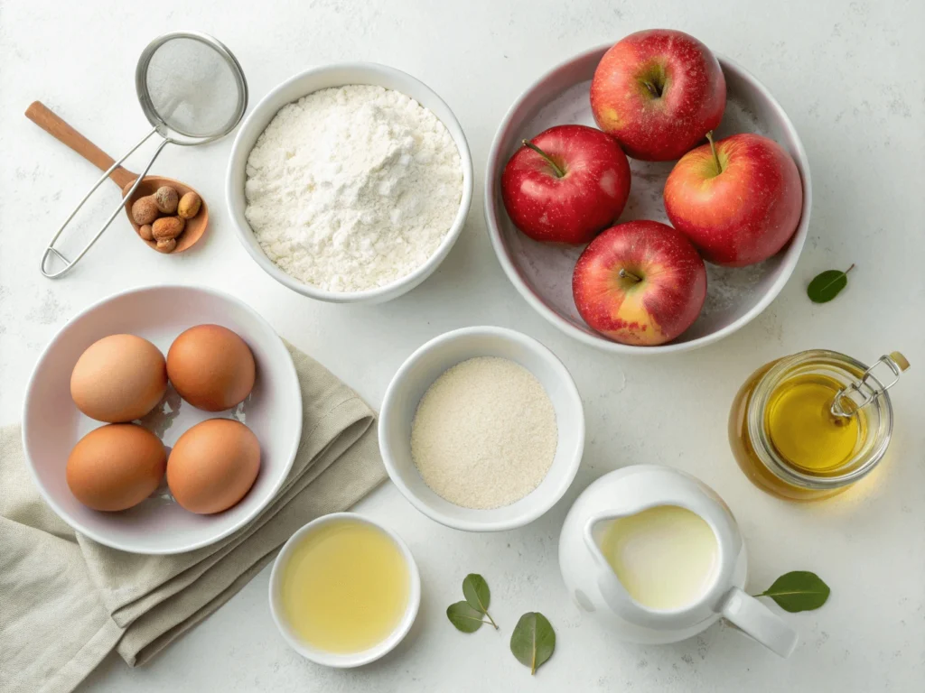 Vista superior de ingredientes básicos como huevos, harina, manzanas y leche en una mesa blanca moderna