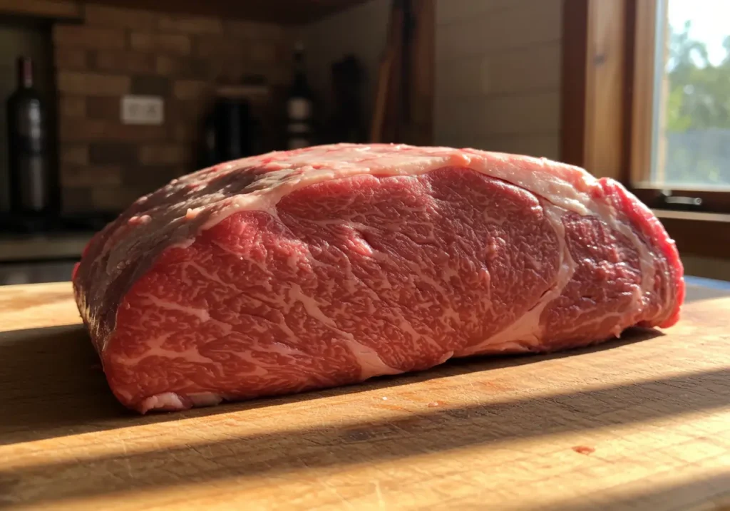 Corte de babilla de ternera cruda sobre tabla de madera en cocina rústica