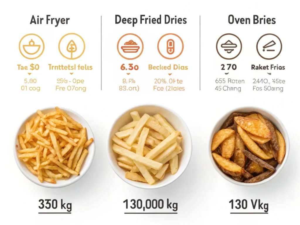 Comparación entre patatas fritas tradicionales, al horno y en freidora de aire con valores nutricionales