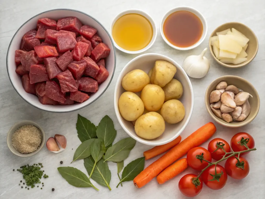 Ternera troceada, patatas, zanahorias, tomate, cebolla, ajo y laurel ordenados sobre una mesa