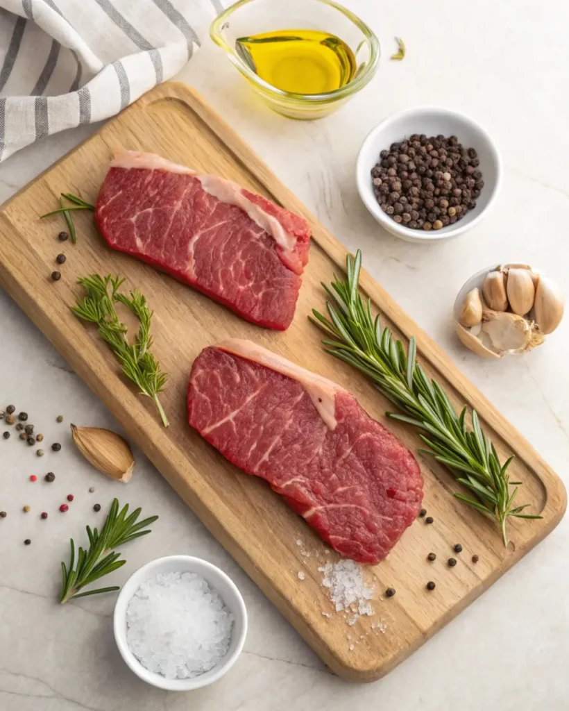 Ingredientes para receta de solomillo de ternera: carne cruda, romero, ajo, sal, pimienta y aceite de oliva sobre tabla de madera