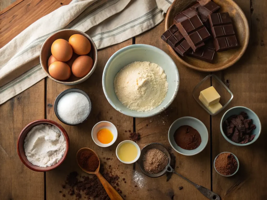 Ingredientes del bizcocho de chocolate preparados sobre la mesa: cacao, huevos, mantequilla, harina