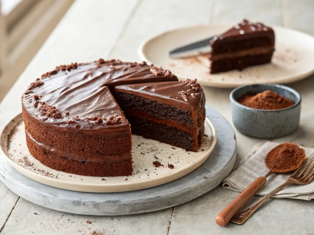 Bizcocho de chocolate recién horneado enfriándose sobre una rejilla en cocina casera