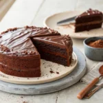 Bizcocho de chocolate recién horneado enfriándose sobre una rejilla en cocina casera