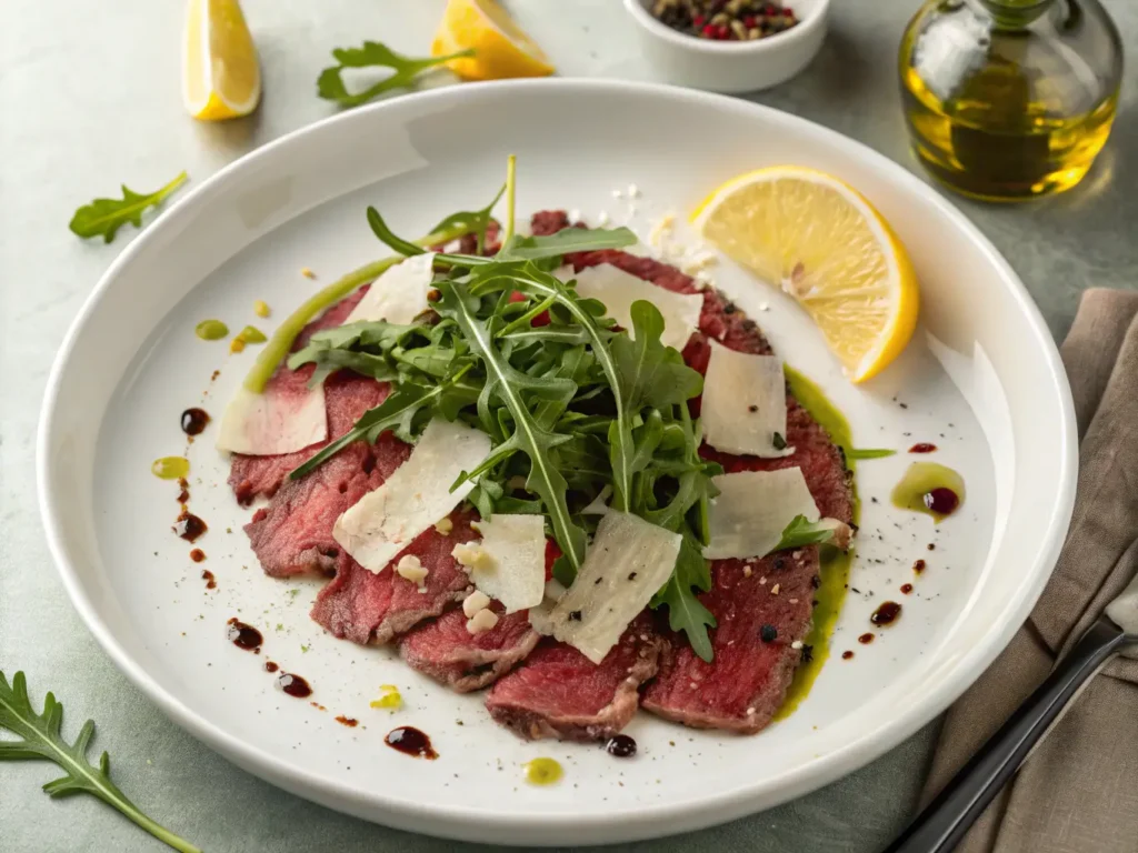 Carpaccio de ternera gourmet servido con rúcula fresca, parmesano en lascas y aliño clásico.