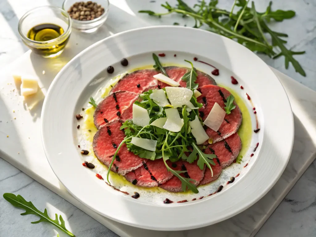 Vista aérea de un carpaccio de ternera servido en plato blanco, decorado con rúcula y lascas de parmesano.