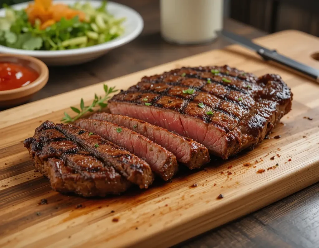 Filete de croca de ternera medio hecho, servido sobre tabla de madera con sal gruesa y hierbas aromáticas