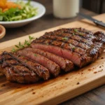 Filete de croca de ternera medio hecho, servido sobre tabla de madera con sal gruesa y hierbas aromáticas