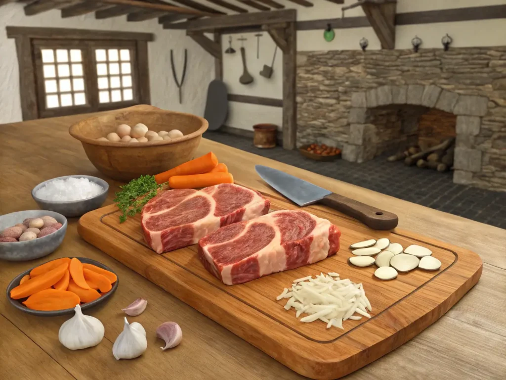 Ingredientes para estofado de rabillo de ternera sobre tabla de cortar
