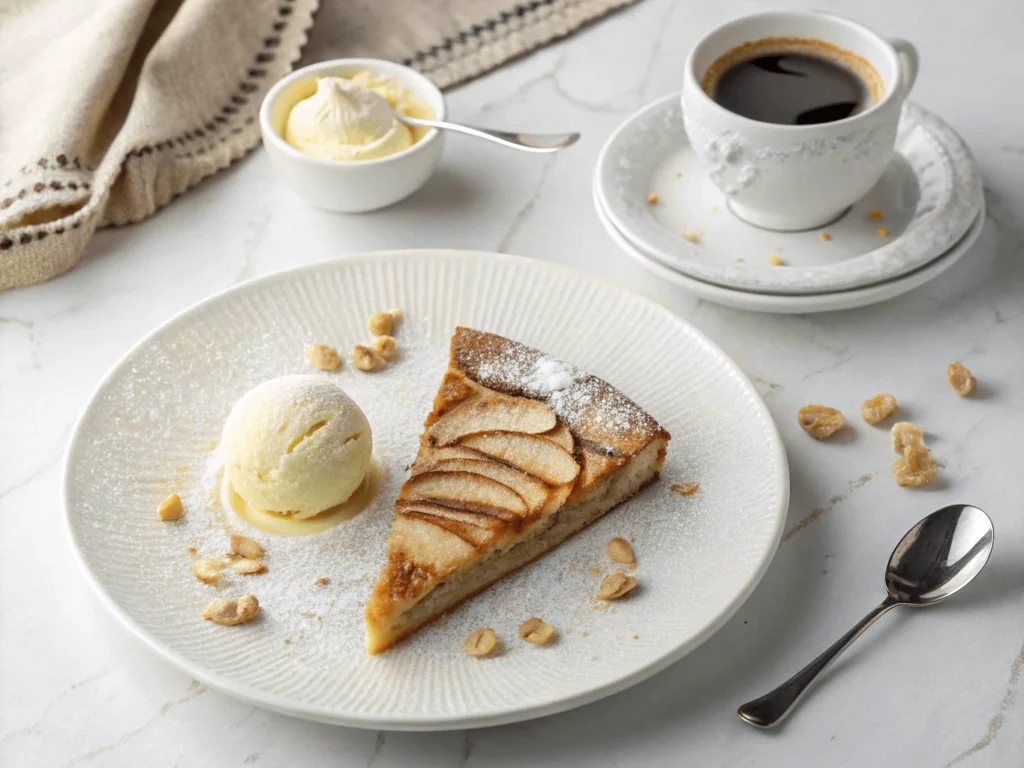 Porción de bizcocho de manzana servida con helado de vainilla y café en una mesa moderna