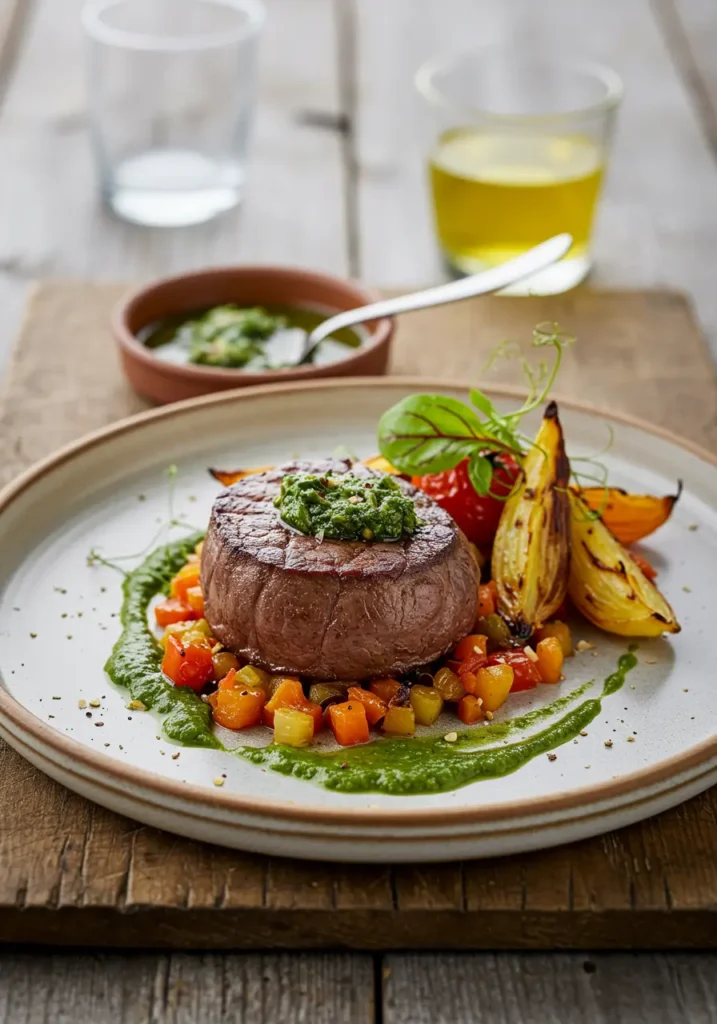Solomillo de ternera sobre cama de verduras con salsa verde y guarnición gourmet