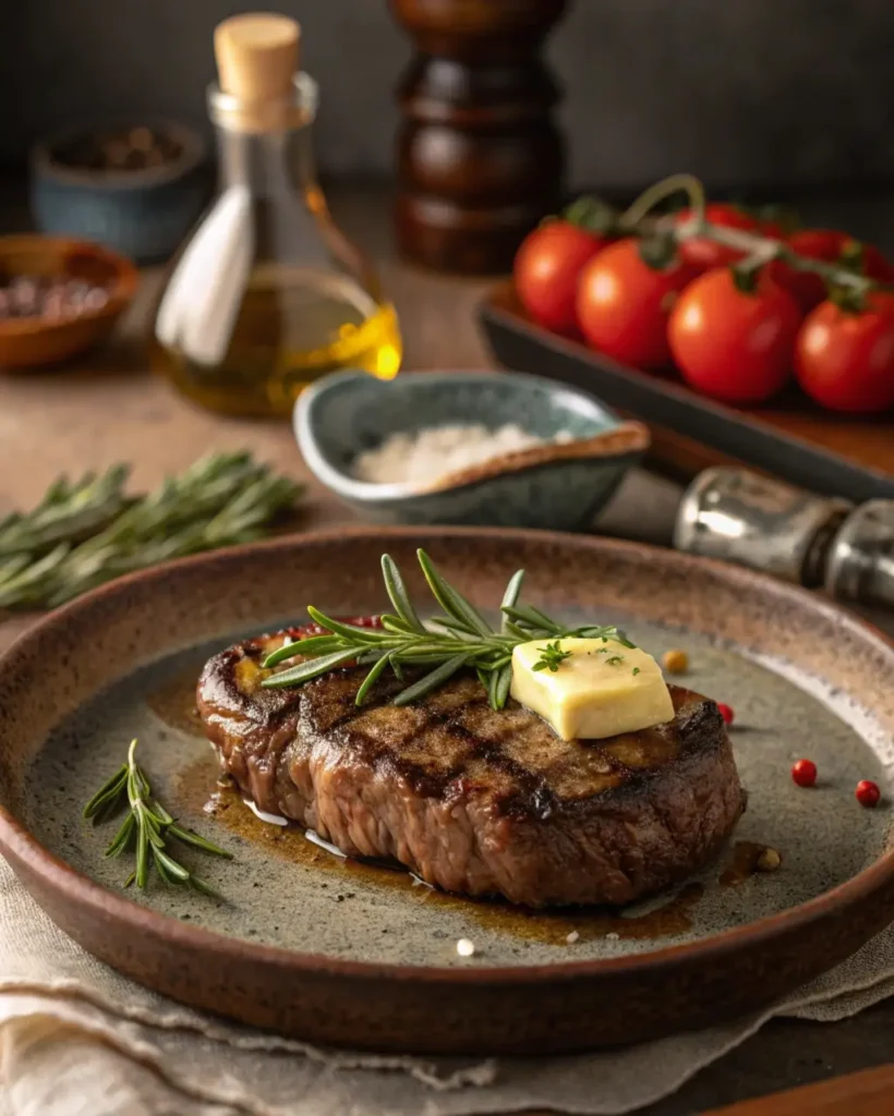 Solomillo de ternera a la plancha con mantequilla, romero y punto jugoso servido en plato mediterráneo