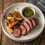 Solomillo de ternera fileteado servido con verduras asadas y salsa chimichurri