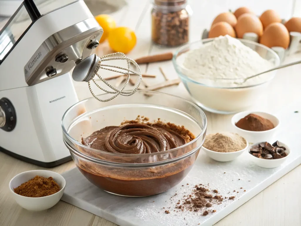 Thermomix mezclando masa de bizcocho de chocolate con ingredientes frescos alrededor