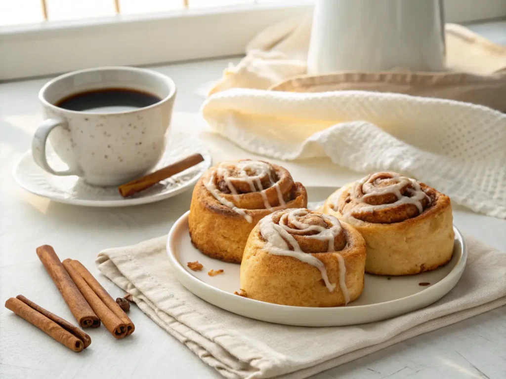 Tres rollos de canela servidos en plato blanco con glaseado, acompañados de taza de café y palitos de canela